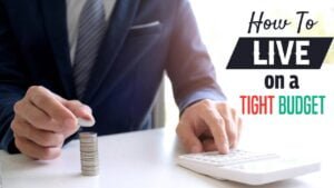 A person in a business suit stacking coins beside a calculator, with the text 'How to Live on a Tight Budget,' featuring financial advice by Benzir Ahmed.