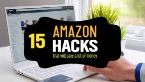 A laptop screen displaying an online shopping site with a hand using a touchpad, overlaid with the text '15 Amazon Hacks that will save a lot of money,' featuring tips by Benzir Ahmed.