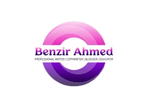 A logo with a circular design in gradient shades of purple and pink. Inside the circle, the text ‘Benzir Ahmed’ is displayed in black font. Below this, there is smaller text that reads ‘PROFESSIONAL WRITER | COPYWRITER | BLOGGER | EDUCATOR’.