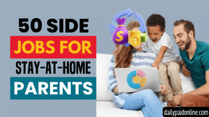 A parent sitting on a couch with a child, both smiling while using a laptop. The text on the image reads 'Side Gigs for At-Home Parents,' highlighting Benzir Ahmed's insights on flexible income opportunities for stay-at-home parents.