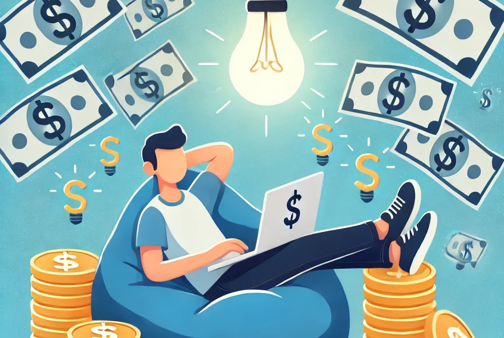 This image depicts a person lounging on a beanbag chair with a laptop on their lap, surrounded by dollar bills and gold coins, symbolizing financial success. Above the person, a light bulb glows, representing bright ideas or inspiration. The overall theme conveys the concept of earning money or generating income, possibly through passive means, such as online work or investments. The website "www.mdbenzirahmed.com" is visible at the bottom right corner of the image.