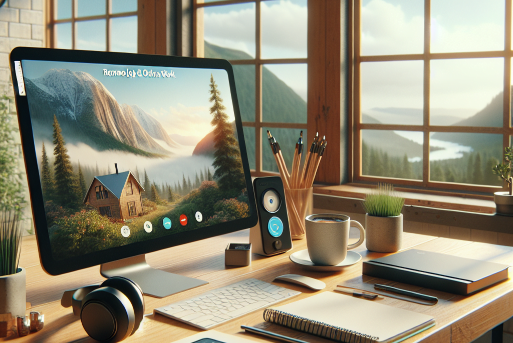 A tidy desk setup in front of large windows showing a mountainous landscape. On the desk are modern tech devices including speakers, headphones, and a smartphone that complement traditional items like notebooks. The computer screen displays wallpaper mirroring the serene outdoor view.