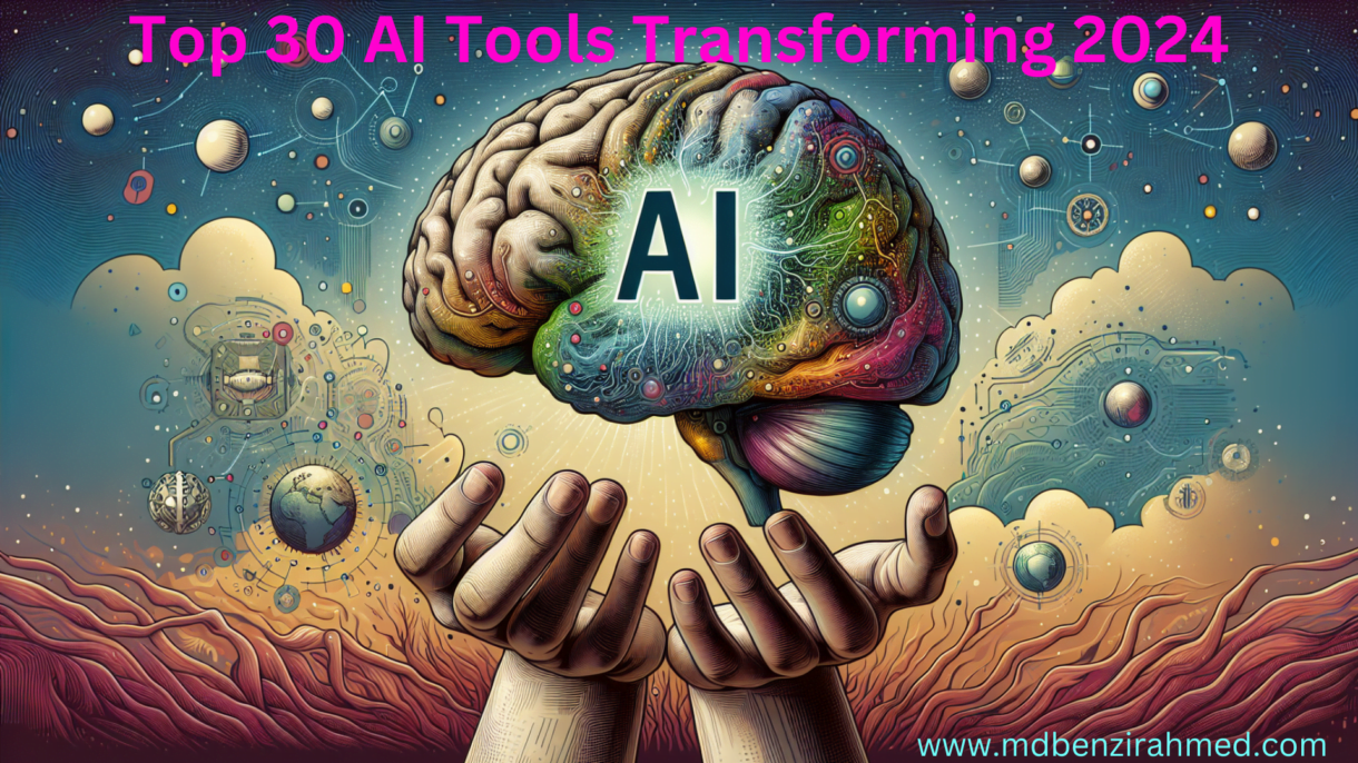 A vibrant, colorful brain surrounded by swirling galaxies and floating planets, held in two hands. The brain is labeled "AI" and is surrounded by electrical circuits, symbolizing the transformative power of artificial intelligence in 2024.