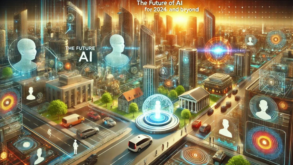 Futuristic cityscape with autonomous vehicles, smart homes, advanced AI interfaces, and people interacting with AI devices.