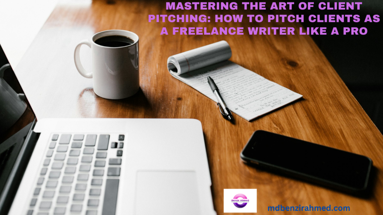 Laptop, coffee cup, notebook, and smartphone on a desk, representing a freelance writer preparing a client pitch.