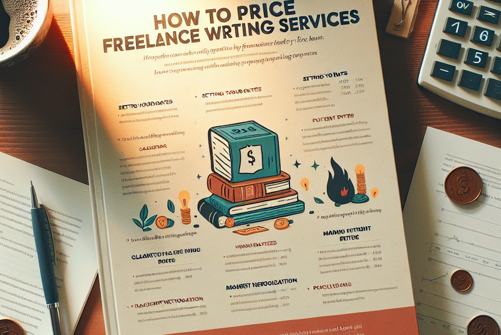 Pricing freelance writing services guidebook on a desk, with a calculator, coffee cup, and scattered coins, offering detailed insights into setting rates and value negotiation.